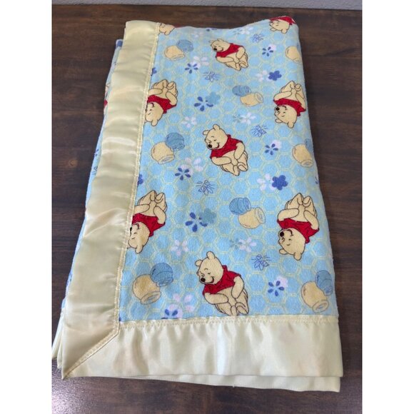 Vintage Winnie The Pooh Baby Blanket Satin Trim Blue and Yellow/Green - Picture 1 of 4